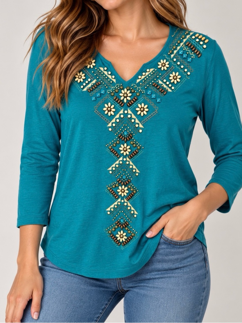 Alfred Dunner Teal Blue Embellished Beaded V-Neck Top (Petite Small / PS)